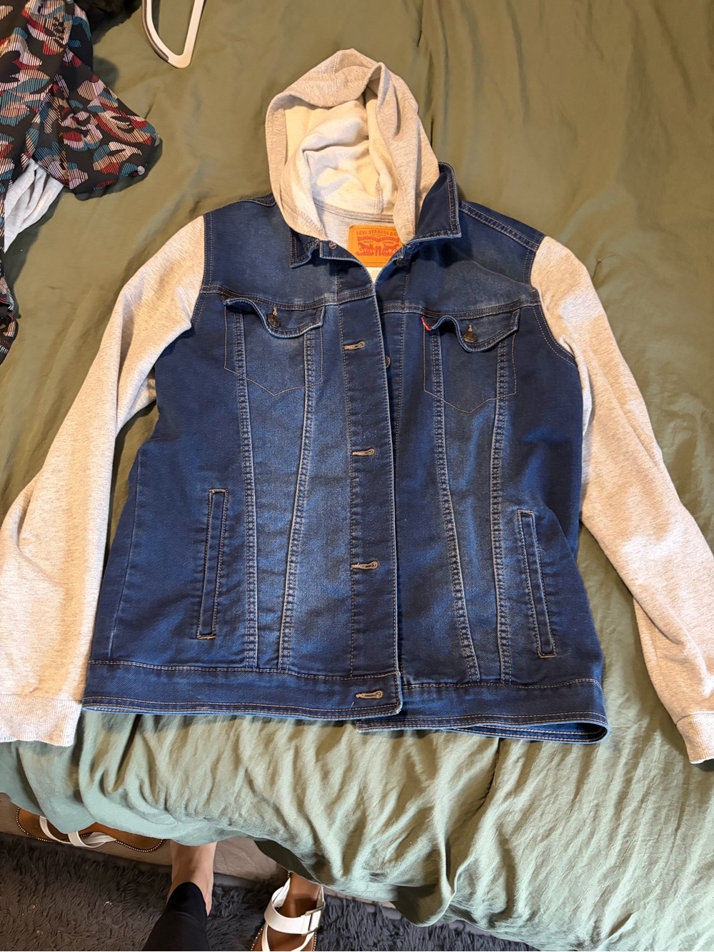 Levi's Blue Denim Jacket with Light Gray Hoodie Sleeves